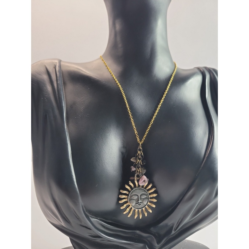 Celestial Sun Face Pendant Necklace Boho Mixed Metal Stone Charm Jewelry